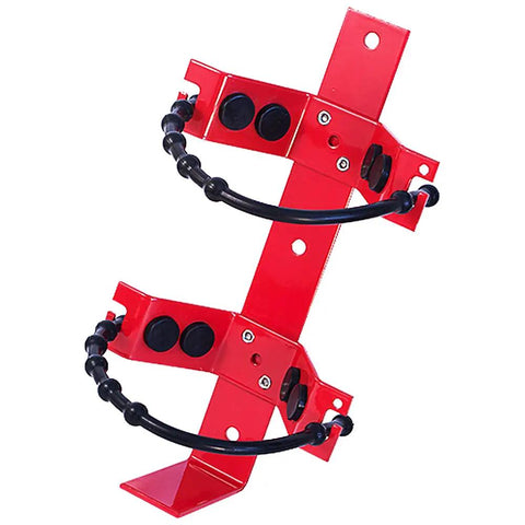 Four Pack Heavy Duty Steel Fire Extinguisher Mount For Ten Pound Units built with red powder coat, fits five to seven inch cylinders.