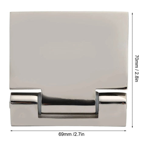 Heavy Duty Stainless Steel Glass Door Hinges For 90 Degree Frameless Showers Adjustable With Flexible Rubber Pads, front view, 69mm x 70mm size.