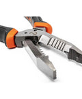 Heavy Duty 8 Inch Wire Stripper Tool With Integrated Shear Cut Cutter And Drop Forged Steel Blades And TPR Grips, close-up view.