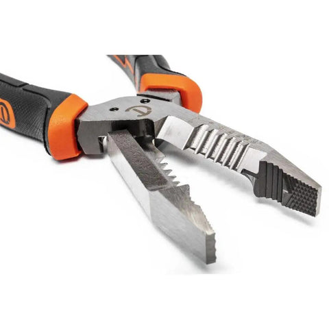Heavy Duty 8 Inch Wire Stripper Tool With Integrated Shear Cut Cutter And Drop Forged Steel Blades And TPR Grips, close-up view.