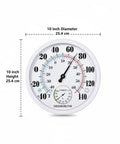 Outdoor Thermometer And Hygrometer, 10 Inch Round White Dial, Waterproof Wall Mount For Patio Garden Garage And Home, Rugged And Easy To Read Temperature And Humidity Monitor Built For All Weather Use, front view
