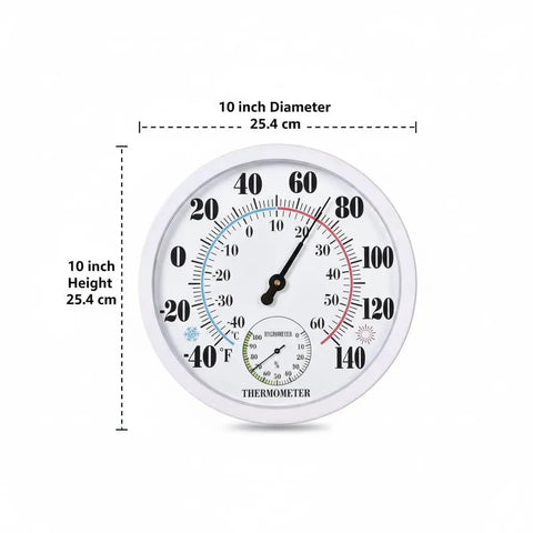 Outdoor Thermometer And Hygrometer, 10 Inch Round White Dial, Waterproof Wall Mount For Patio Garden Garage And Home, Rugged And Easy To Read Temperature And Humidity Monitor Built For All Weather Use, front view