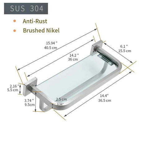 Heavy Duty Glass Bathroom Shelf With Towel Bar And Rail Wall Mount Storage Rack Stainless Steel SUS304 Brushed Nickel Finish with dimensions
