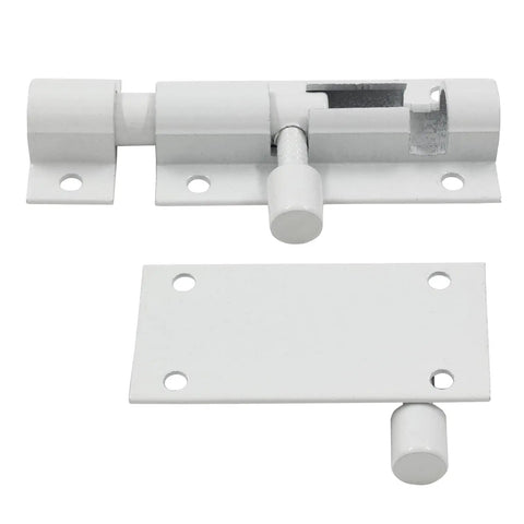 2 Pack White Barrel Bolt Latch 2 Inch Sliding Door Lock Aluminum Alloy Slide Bolt Heavy Duty Gate Hardware, white latch with mounting plate.