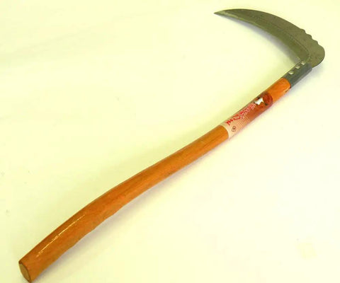 Curved-handled sickle with a wooden handle and metal blade for harvesting and cutting brush.