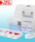 Workhorse 14 Inch Plastic Toolbox With Removable Tray and Steel Latch, open showing storage with first aid supplies, clear industrial box.
