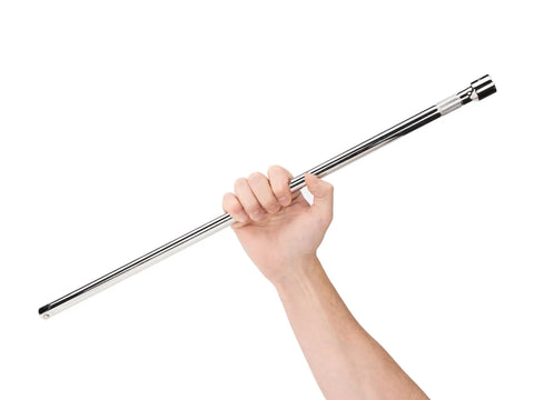 Hand holding Beefy One Half Inch Drive Twenty Four Inch Extension Bar With Chrome Plated Finish Knurled Grip For Easy Start
