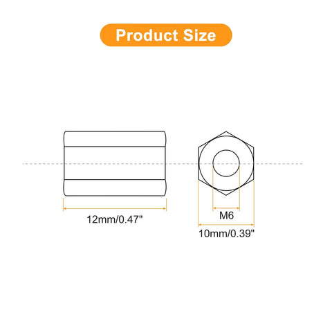 No Fuss Heavy Duty Galvanized Steel M6 Coupling Nuts Pack Of Ten Hex Threaded Rod Connectors For Furniture Projects And Weekend Builds Straight Up Tough Hardware size dimensions diagram showing 12mm wide and 10mm high specifications.