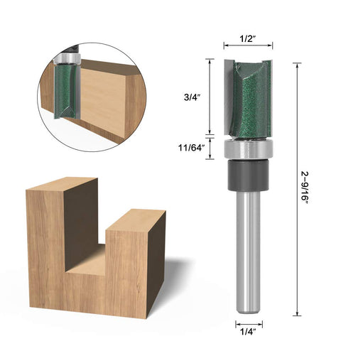Four Piece Straight Router Bit With Bearing For Flush Trim And Grooving, One Quarter Inch Shank, Carbide YG6 Tip, bit diagram