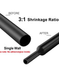 Pro Grade Heat Shrink Tubing Assortment Kit 230 Pieces In 1.5, 3, 4.5, 6, 9, 12, 15 mm Diameters, 3 to 1 Shrink Ratio, Single Wall Non Adhesive Black showing before and after shrinkage