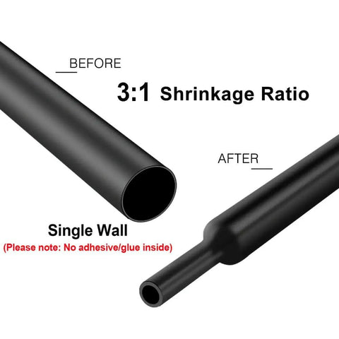 Pro Grade Heat Shrink Tubing Assortment Kit 230 Pieces In 1.5, 3, 4.5, 6, 9, 12, 15 mm Diameters, 3 to 1 Shrink Ratio, Single Wall Non Adhesive Black showing before and after shrinkage