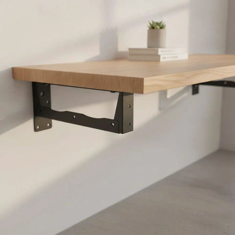 Hidden Steel Shelf Brackets For Wall Mounted Desks And Shelves With Matte Black Finish concealed beneath wooden shelf.