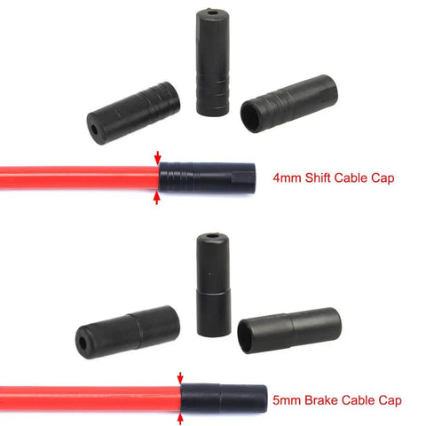 200 Pieces Bike Derailleur Shift And Brake Wire Cable Housing Ferrule End Caps Set For 4mm Shift Cables And 5mm Brake Cables Plastic Protective Caps Durable And Lightweight Includes 100 Derailleur Caps And 100 Brake Caps. 4mm shift and 5mm brake cable end caps, black plastic, shown on cable ends
