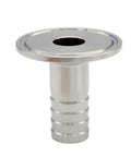 Front view of 1.5in tri-clamp to 3/4in hose barb sanitary fitting, 304 stainless steel