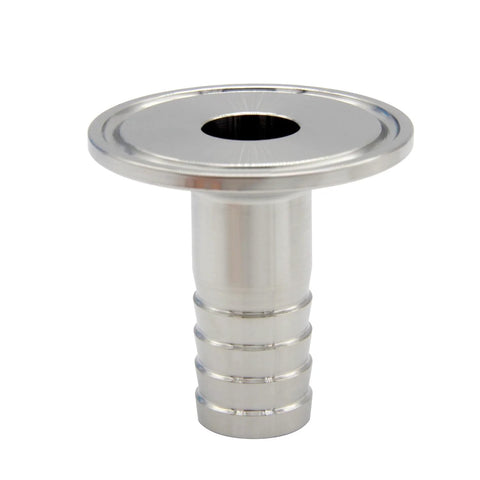 Front view of 1.5in tri-clamp to 3/4in hose barb sanitary fitting, 304 stainless steel