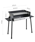 Foldable Charcoal Grill With Three Temperature Settings, Windproof Camping BBQ, heavy duty, foldable shelves, dimensions shown.