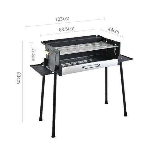 Foldable Charcoal Grill With Three Temperature Settings, Windproof Camping BBQ, heavy duty, foldable shelves, dimensions shown.