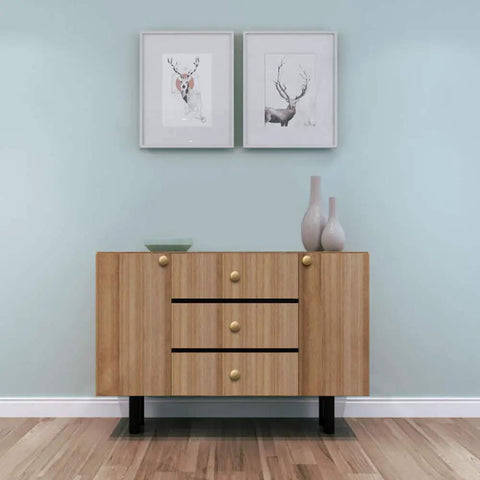 Wooden dresser with three drawers, each featuring 50 Pack Matte Black Drawer Knobs for Cabinets and Dressers One And A Quarter Inch Diameter.