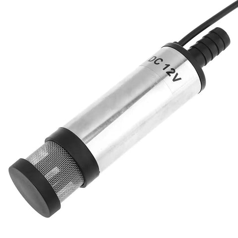 Heavy Duty 12V Submersible Electric Pump For Diesel Fuel Water Oil Transfer 38Mm Compact Aluminum Build showing aluminum body and mesh filter.
