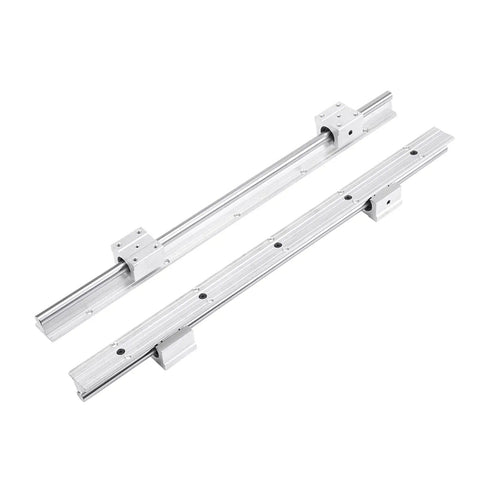 Real Deal SBR12 Linear Rail Shaft Set Built Tough With Four Matching Bushings Featuring Pre Drilled Mounting Holes For CNC Routers 3D Printers And Robotics Projects, showing two steel linear guide rails.