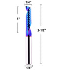Front view of blue single-flute CNC router bit, 1/4in shank, spiral end mill for aluminum, acrylic, PVC, MDF.