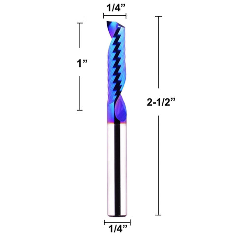 Front view of blue single-flute CNC router bit, 1/4in shank, spiral end mill for aluminum, acrylic, PVC, MDF.