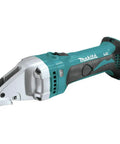 Hardcore 18 Volt Cordless Straight Shear No Sweat Metal Cutting Rock Solid Power For Steel And Duct Seam Quick Precision Trimming One Hand Soft Grip Built Tough For Pros, side view of compact cordless metal shear tool.