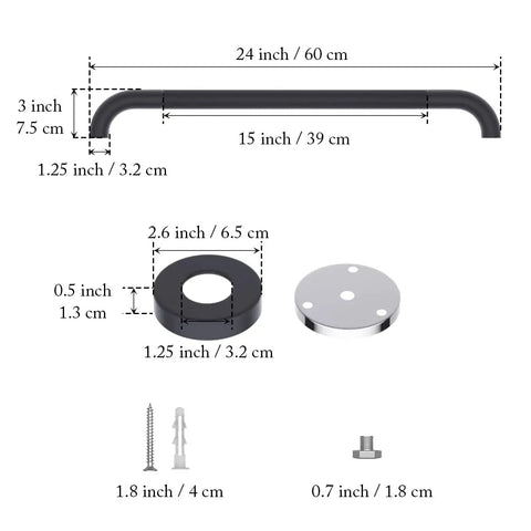 Dimensions of 2 Pack 24 Inch Anti Slip Shower Grab Bar With Oil Rubbed Black 1.25 Inch Knurled Easy Grip Safety Hand Rail parts