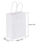 White Paper Bags With Handles 5.9 By 3.1 By 8.2 Inches shown with dimensions, 100 Count Tote Favor Bags For Parties And Gifts.