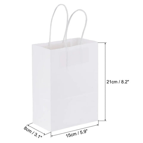 White Paper Bags With Handles 5.9 By 3.1 By 8.2 Inches shown with dimensions, 100 Count Tote Favor Bags For Parties And Gifts.