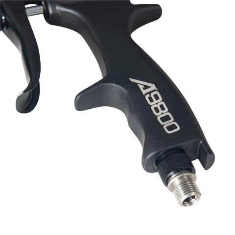 Pro Setup 1.3Mm Pneumatic Spray Gun For Rolling Out Dope Automotive Topcoats And Heavy Duty Furniture Varnish With A Slick Water Based Green Primer Finish close-up of black handle with A9800 logo