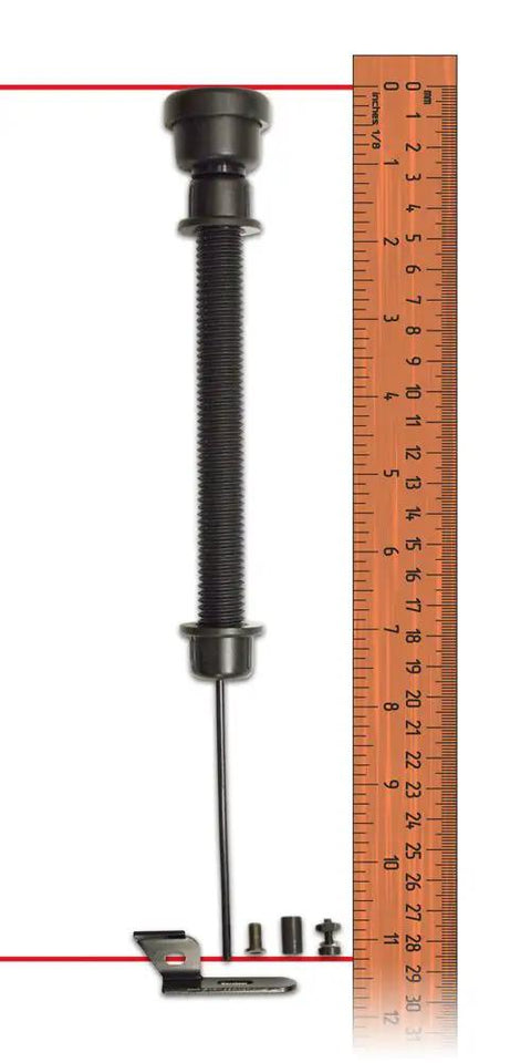Dual Sided Outdoor Gate Latch For Wood Metal And Vinyl Fences With Integrated Pull And Gravity Latch next to ruler for size reference