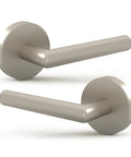 Rock Solid Satin Nickel Dummy Lever Door Handle Set For Closets Or French Doors With Plug And Play Hardware And Hassle Free Install Total Breeze Two Pack Single Sided Design - close view of satin nickel dummy lever handles.