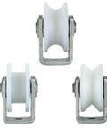 Three Heavy Duty Nylon Sliding Track Wheel Rollers with 304 Stainless Steel Bearings for Industrial Machines, Sliding Doors, and Gates.