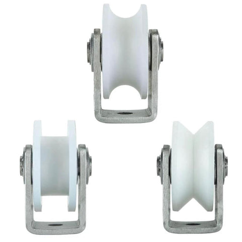 Three Heavy Duty Nylon Sliding Track Wheel Rollers with 304 Stainless Steel Bearings for Industrial Machines, Sliding Doors, and Gates.