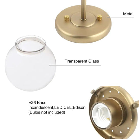 Antique Brass Double Sconce Wall Light With Clear 5.9 Inch Globe Shade components including metal base and E26 socket details