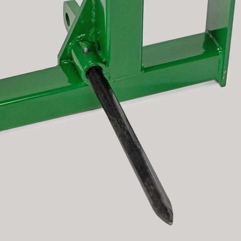 Close-up of Euro Global Hay Frame With 49 Inch Spear And Stabilizers For John Deere Tractors, metal spear detail