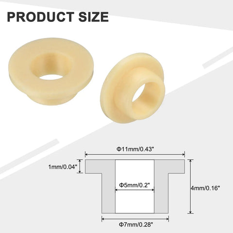 Four Piece Pack Of Precision Flanged Sleeve Bearings Crafted From High Grade Pom Plastic Providing Smooth As Butter Spin And A Dead Nuts Tight Fit For Hobbyist Builds And Equipment Repair Jobs size 5x7x4mm bushings with measurements.
