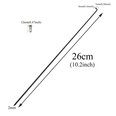 260 Mm Stainless Steel Bicycle Spokes Set 14G Black Spokes For 26 Inch Mountain And Road Bikes With 14 Mm Spoke Caps 12 Pieces Durable Rust Resistant Pro Grade Wheel Building Kit For Re Spoking And Maintenance image showing a single 260mm black spoke with measurements