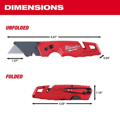 Dimensions of Fastback Folding Utility Knife With Wire Stripper And Gut Hook, Quick Blade Change, unfolded and folded views