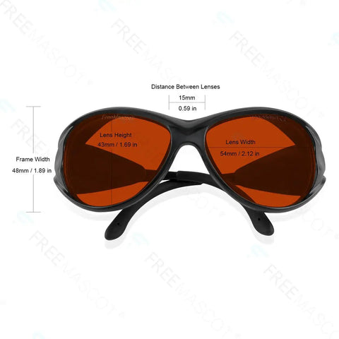 OD 6 Plus Laser Safety Specs For 190nm To 550nm Wavelengths Violet Blue Green Laser Eyewear Pro Grade 40 Percent Visible Light Transmittance EN207 Certified Frame Style 2 Black, front view showing lens width 54mm and height 43mm.
