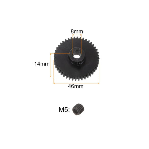 Image of Mod 1 44T 8mm Bore Hardened Steel Pinion Gear for RC cars, showing dimensions and M5 grub screw.