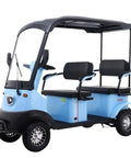 Four Passenger Electric Mobility Scooter Powered By 800 W Brushless Motor, Roll Smooth For Adults On Any Terrain, Heavy Steel Frame Built For Cruising Resorts Or Farms, Zero Sweat Assembly, blue cart with two seats.