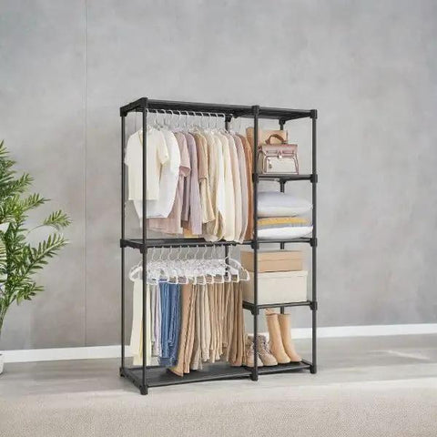Portable Freestanding Closet Organizer With A Super Solid Heavy Duty Metal Frame And Roomy Shelves For Sneakers And Threads Sleek Bedroom Wardrobe Rack Featuring Durable Hanging Rods Straight Forward Setup All In One Space Saving Solution displayed with various clothes and storage.
