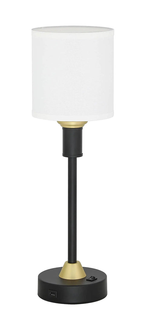 Mid Century Modern Table Lamp With USB Port, black base, gold accents, white fabric shade, industrial style lighting