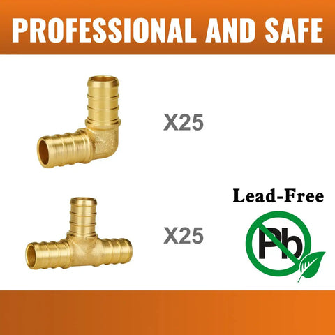 Brass Crimp Fittings 50 Pack For PEX Pipe 1/2 Inch With 90 Degree Elbow And Tee Kit No Lead, Corrosion Resistant Plumbing