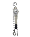Heavy Duty Stainless Steel Lever Hoist Manual Chain Block With Built In Sling Lifting Tool for Rigging And Industrial Jobs 1.5 Ton Capacity, front view with chain and hooks.