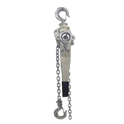 Heavy Duty Stainless Steel Lever Hoist Manual Chain Block With Built In Sling Lifting Tool for Rigging And Industrial Jobs 1.5 Ton Capacity, front view with chain and hooks.