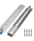 Pair of 60 inch heavy duty drawer slides with full extension and 500 lb load capacity, side mount ball bearing rails, screws included.