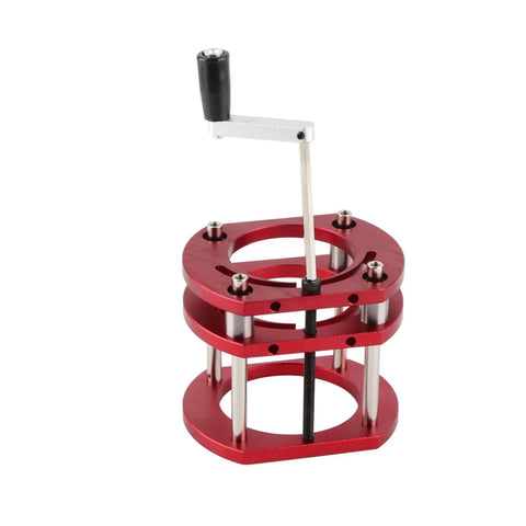 Router Lift Base Workhorse For Woodworking Aluminum Alloy And Stainless Steel 4 Jaw Clamping Table Lifting System With Easy Above Table Crank Adjustment, Firm Mount, Ideal For Small Trimming Machines And Precise Routing. red aluminum alloy router lift base with crank and 4-jaw clamp